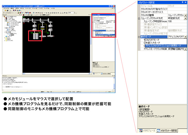 ●メカモジュールをマウスで選択して配置
●メカ機構プログラムを見るだけで、同期制御の概要が把握可能
●同期制御のモニタもメカ機構プログラム上で可能